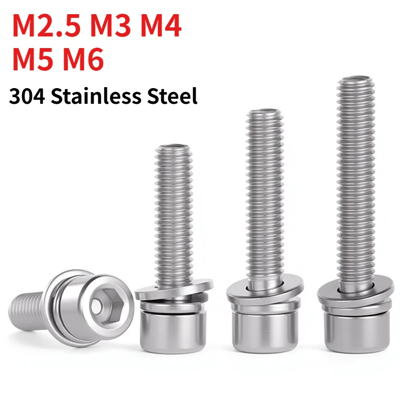 M2.5 M3 M4 M5 M6 DIN912 304 Stainless Steel Allen Socket Cap Bolt, Hex Combination Screw With Flat & Spring Washer Length:6-50mm