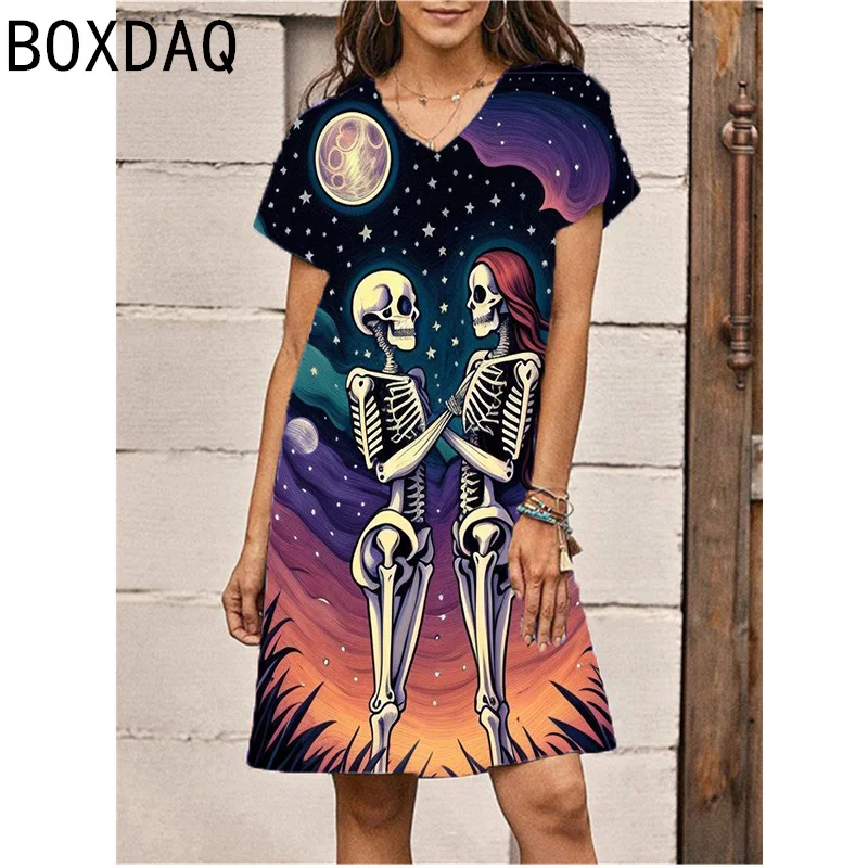 

3D Horror Skull Printed Dress Women Summer Short Sleeve V-Neck Casual Dress Big Size 3XL Female Vestidos