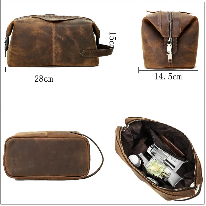 Trousse de toilette en cuir véritable pour hommes et femmes, sac à main de voyage, sac de rangement pour maquillage, pocommuniste en cuir, grand sac