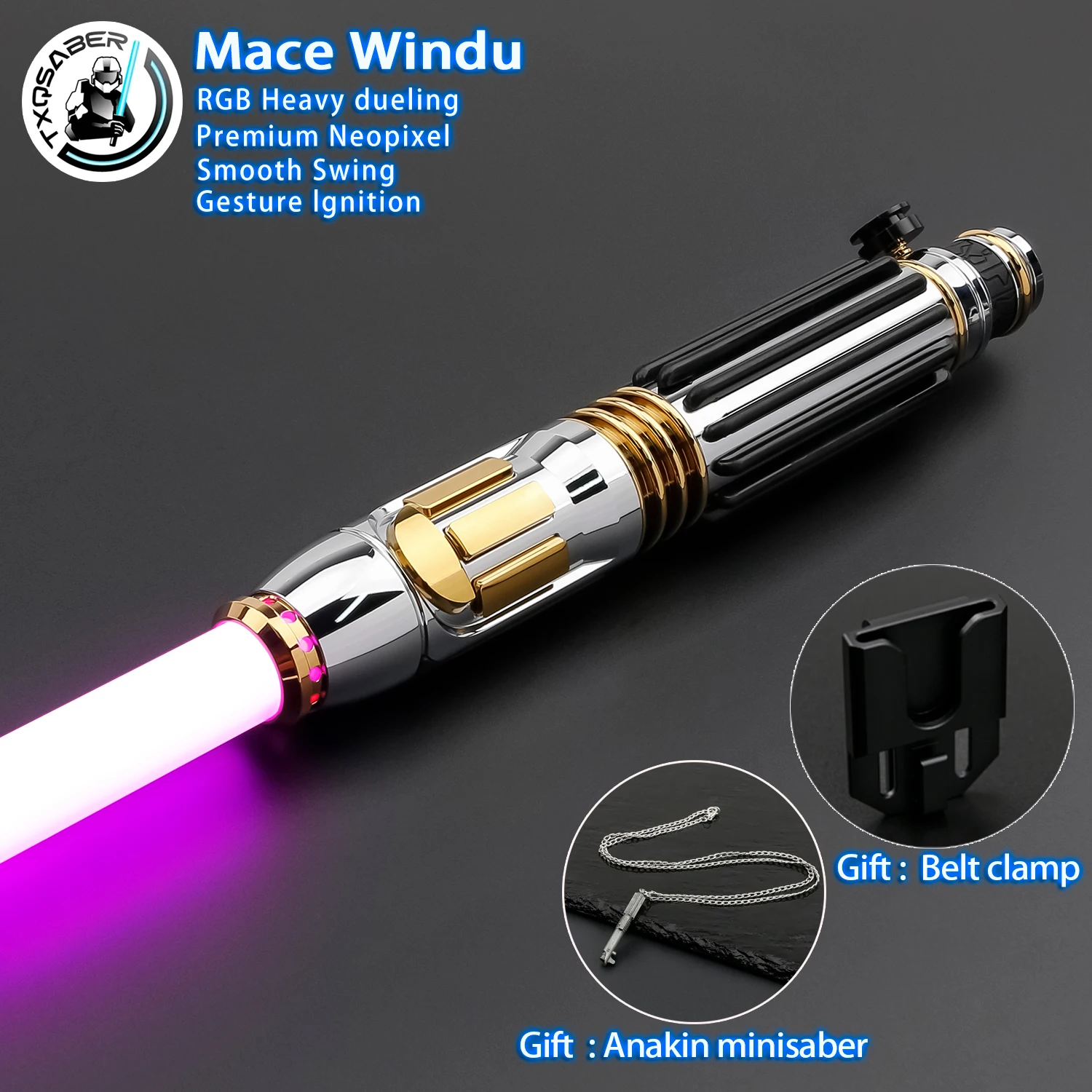 

TXQSABER Mace Windu RGB Heavy Dueling Neo Pixel Proffie Smooth Swing Lightsaber Force Light Saber Blaster Laser Sword Cosplay