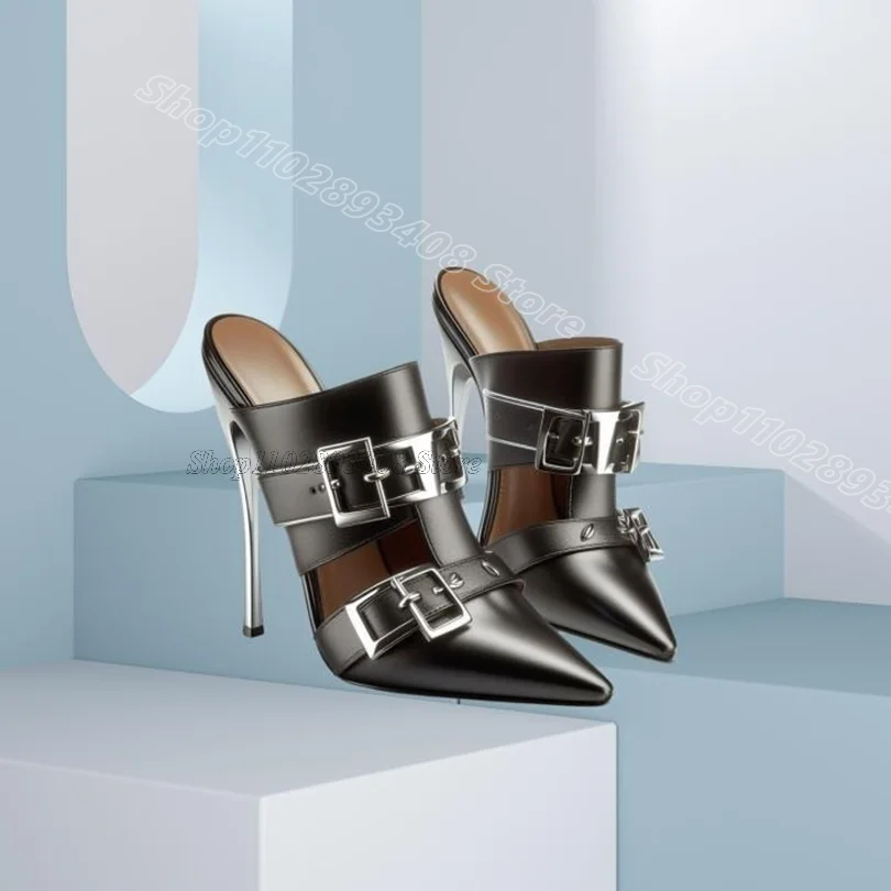 

Black Buckle Slingback Stiletto Slippers Pointed Toe Fashion British Style Women Dress Party Summer Slippers Zapatos Para Mujere