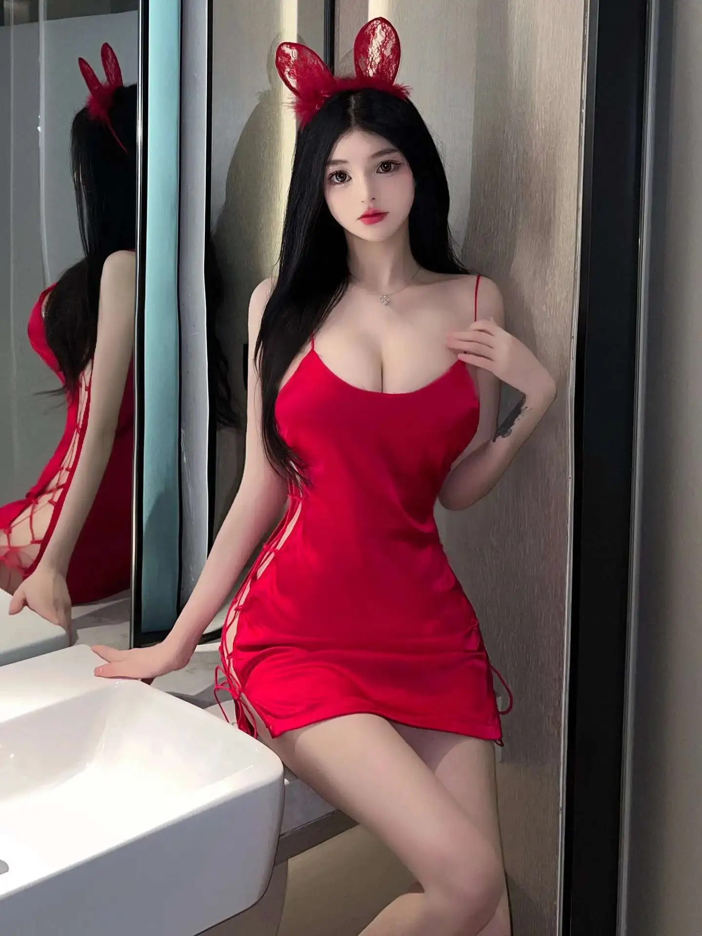WOMENGAGA Sexy Pure Desire Temptation Side Lace Up Silk Smooth Satin Passion Strap Dress Elegant Sweet Korean Tops 14TE