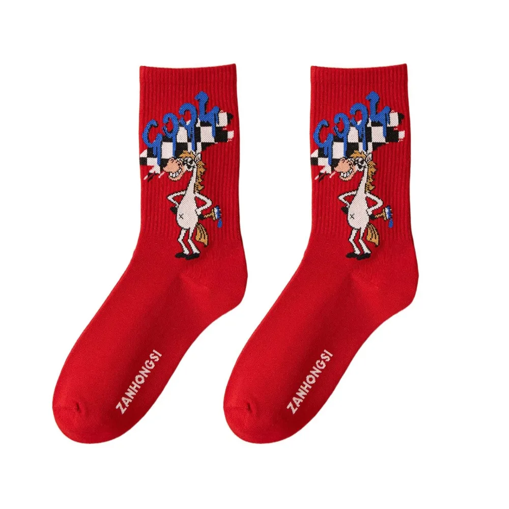 

Creative Cartoon New Year Tube Socks Letter Mid Calf Year of The Horse Socks Comfortable Chinese Culture Zodiac Year Socks Women