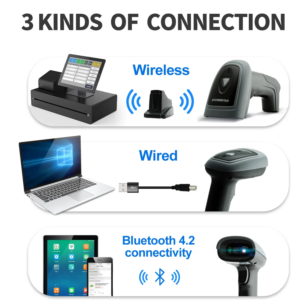 GTCODESTAR X-1901B 1D Barcode Reader Wireless Bluetooth Qr Code Scanner USB Handheld 2D Barcode Scanner with Base