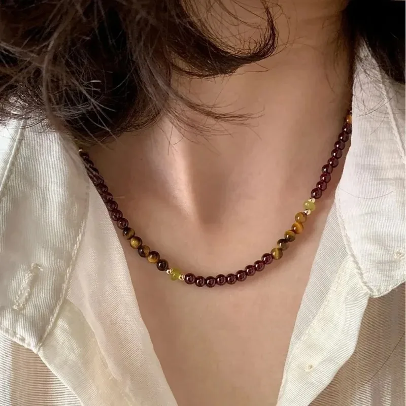 Minar Boho Multiple Colorful Natural Stone Tigereye Kallaite Beaded Necklace for Women 14K Real Gold Plated Copper Chain Chokers
