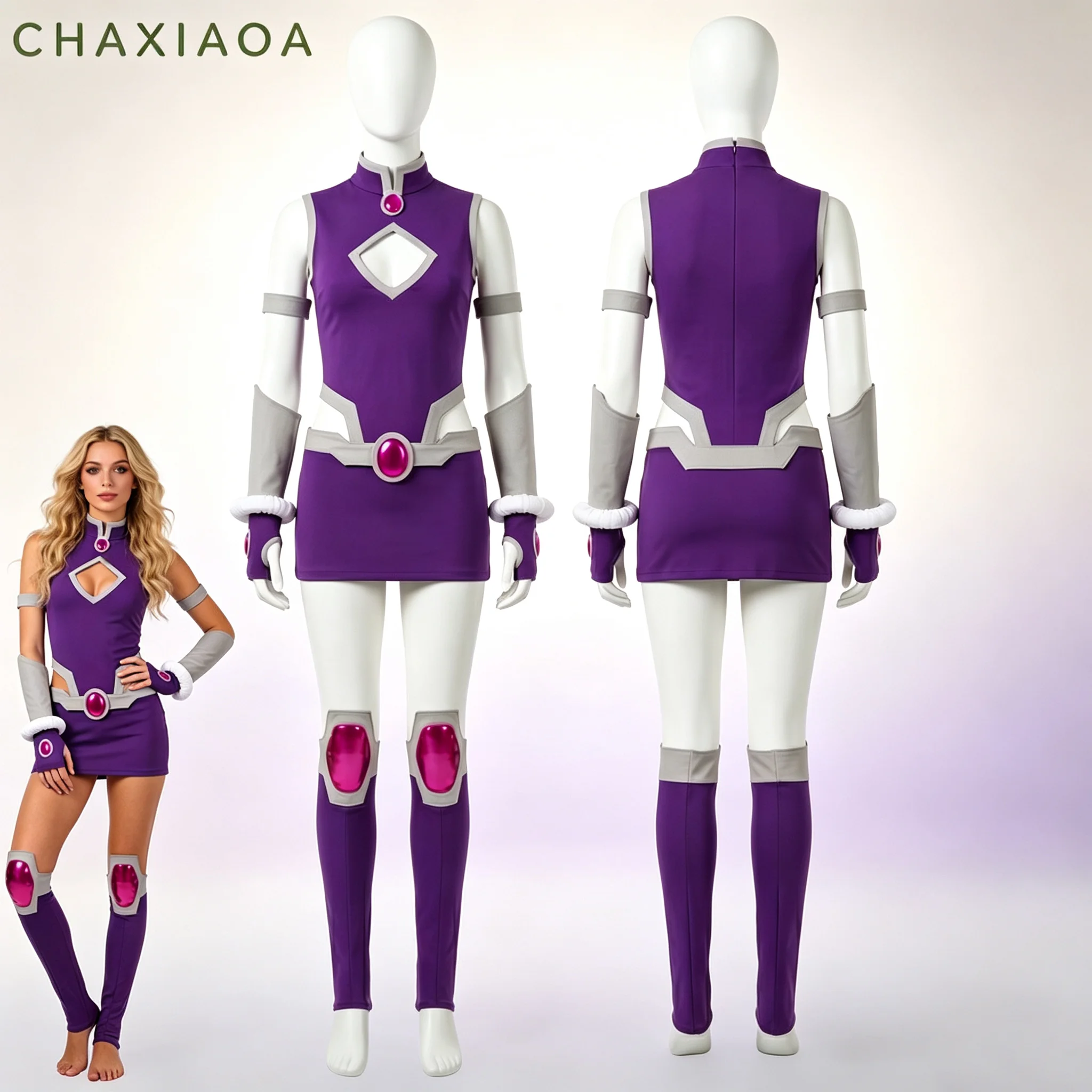 Koriand'r Cosplay Starfire Kostüm, Lila Ärmelloses Minikleid für Damen, Halloween Comic-Con Bodysuit Kleid, Con Fantasy Outfit