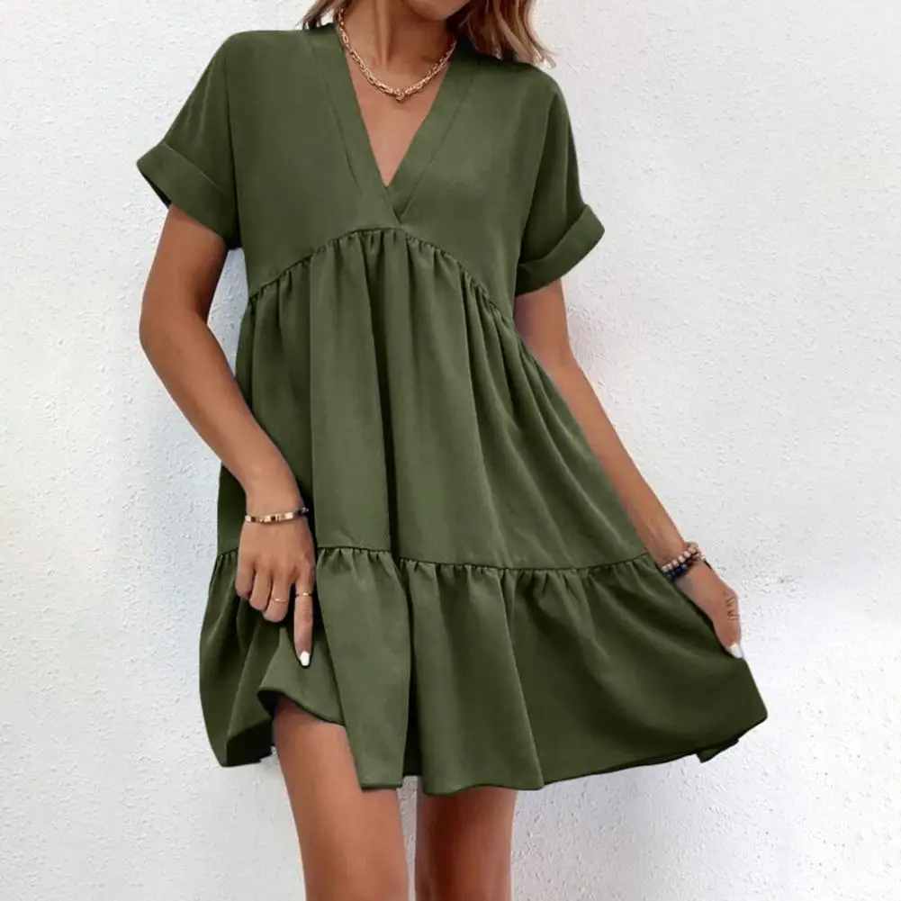 

Dress Stylish V Neck Summer Dress with Short Sleeves A-line Silhouette for Dating Vacation Beach Days Flattering Patchwork Hem