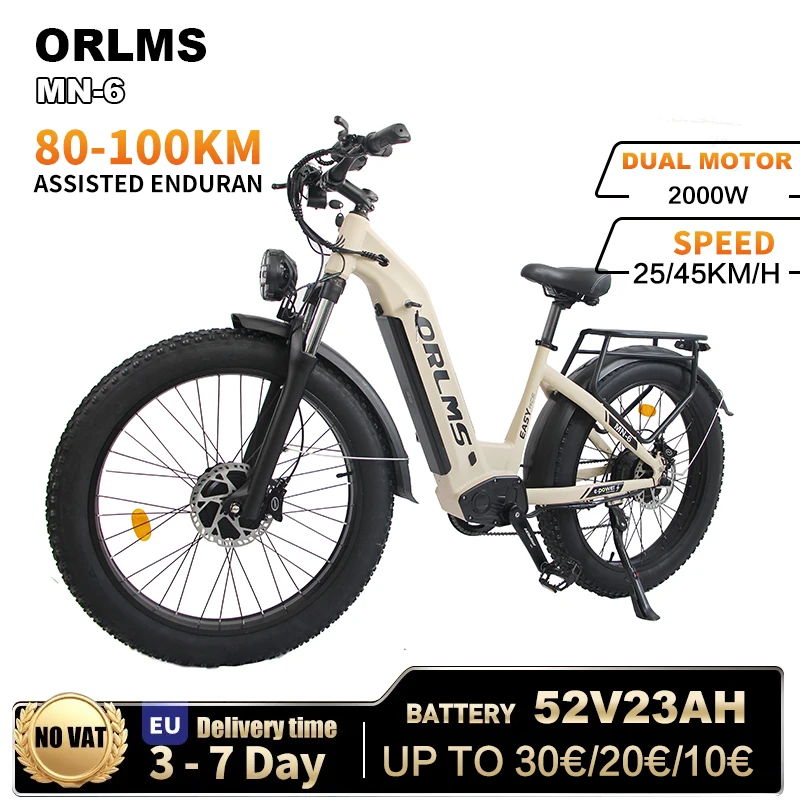 Vélos électriques ORLMS MN-6 26 pouces, puissance de pointe 3000W, batterie 52V23Ah, pneus larges 26*4.0 pouces, vélo de montagne tout-terrain, double moteur