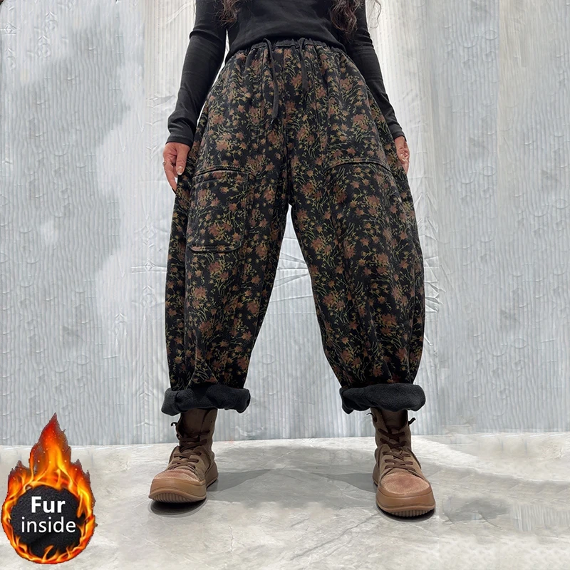 قداس واس الشتاء النساء أزياء فضفاضة خمر الأزهار الفراء الدنيم السراويل السيدات عارضة الكلاسيكية مرونة الخصر السراويل المطبوعة الجينز #2