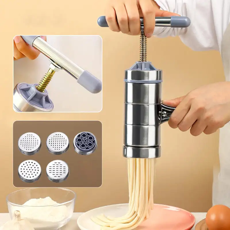 

Manual Pasta Maker Noodle Making Machine Stainless Steel Multiple Molds Tagliatelle Manual DIY Kitchen Hand Tools with 5 Molds