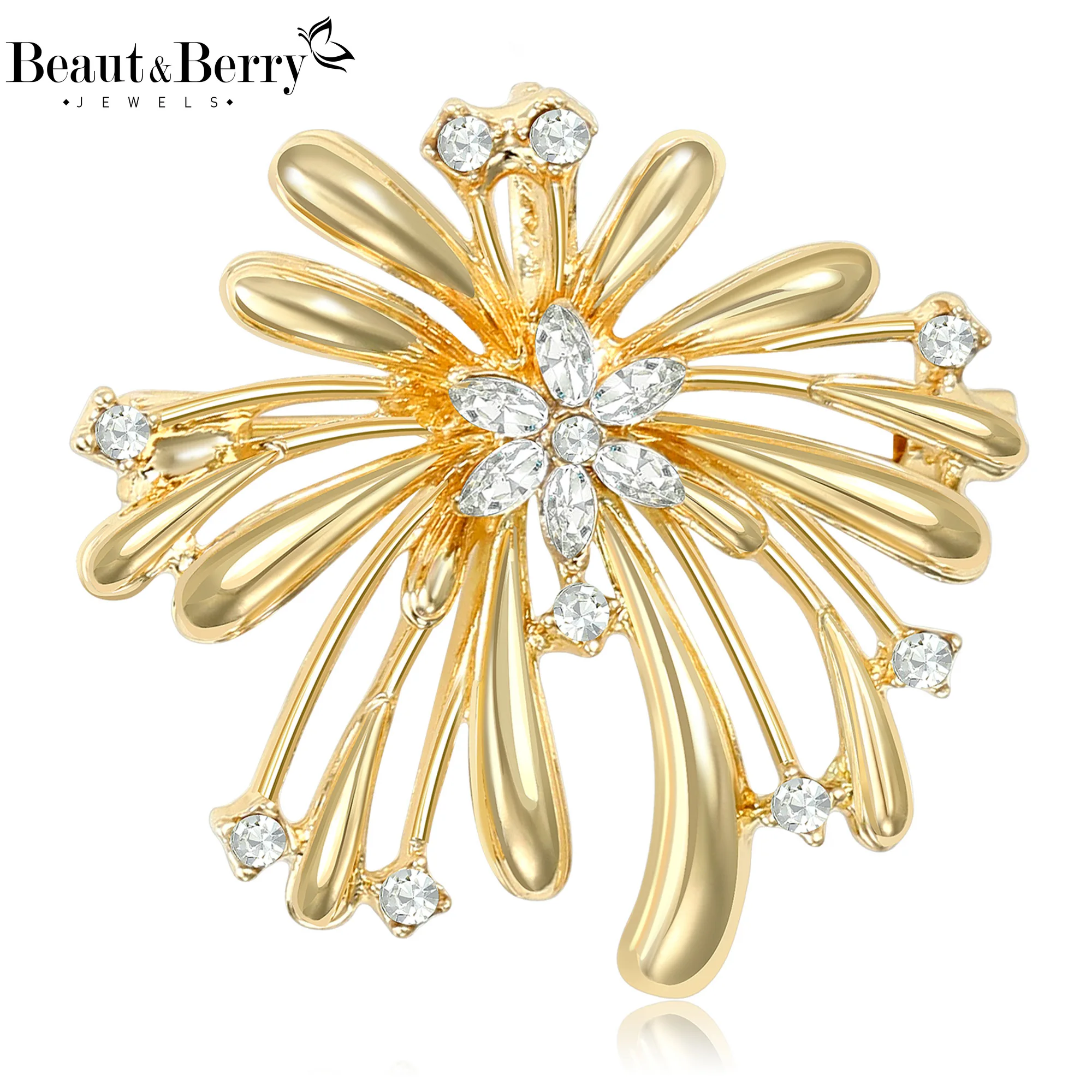 Beaut&Berry Luxury Glossy Rhinestone Firework Brooches for Women Unisex Creative Pins Casual Party Jewelry Accessories Gifts
