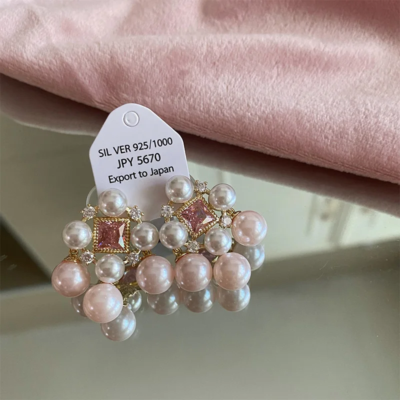 

Korea pearl romance stud earrings fashion fairy pink zircon crystal shiny gorgeous women simple fine jewelry