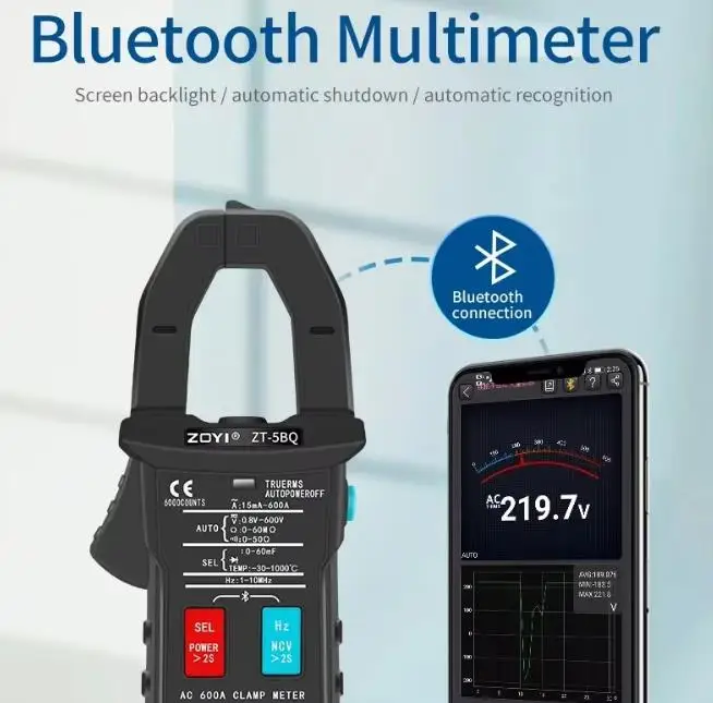 ZOYI ZT-5BQ Bluetooth Digital Clamp Meter, Auto-Ranging AC/DC Voltmeter Ammeter for Electrical Measurement