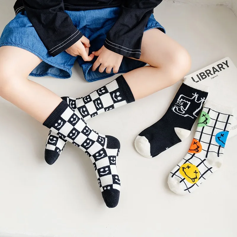 3 Pairs of Spring and Fall Children Cute Smiley Fashion Checkerboard Cartoon Comfortable Socks for Boys and Girls