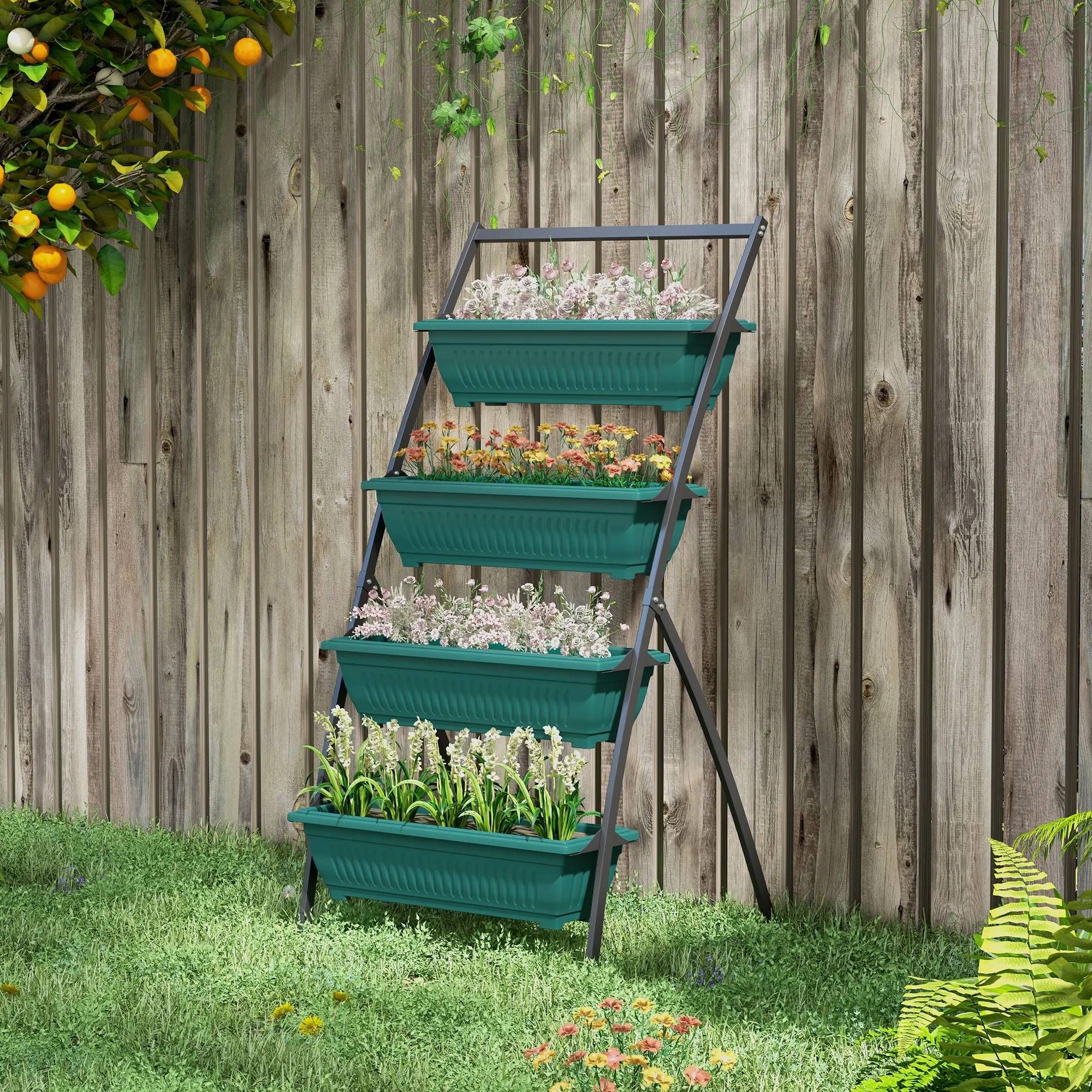 Raised Garden Bed with 4 Flower Pots, Self-Draining, Plant Support Planting Containers, Suitable for Vegetables, Flowers, Herbs, Green