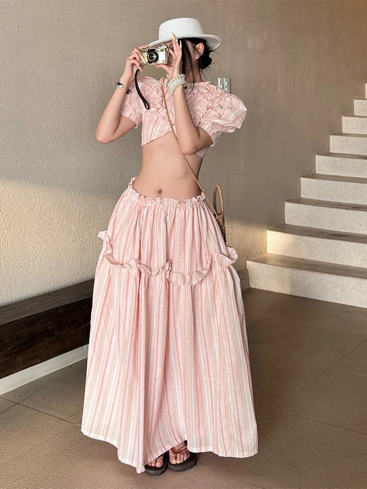 

Insglas отпуск в полоску с принтом, комплект из 2 предметов, женские мини-топы с круглым вырезом на пуговицах и пышными рукавами + юбки с рюшами по краям, летние одинаковые костюмы