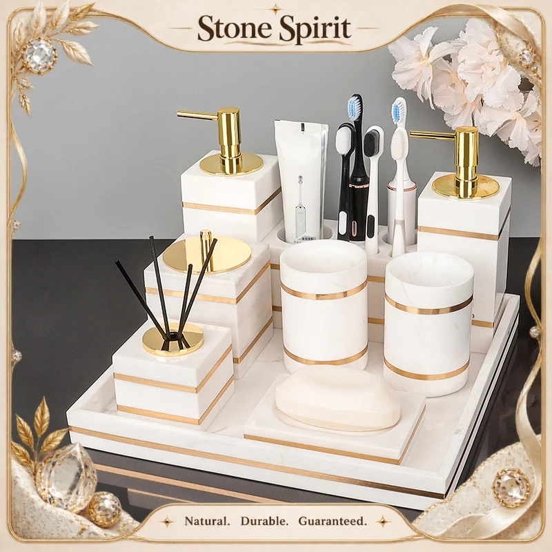 Volakos White Natural Marble Bathroom Accessories Golden Luxury Soap Dish Soap Dispenser Toothbrush Holder Tray Bathroom Set