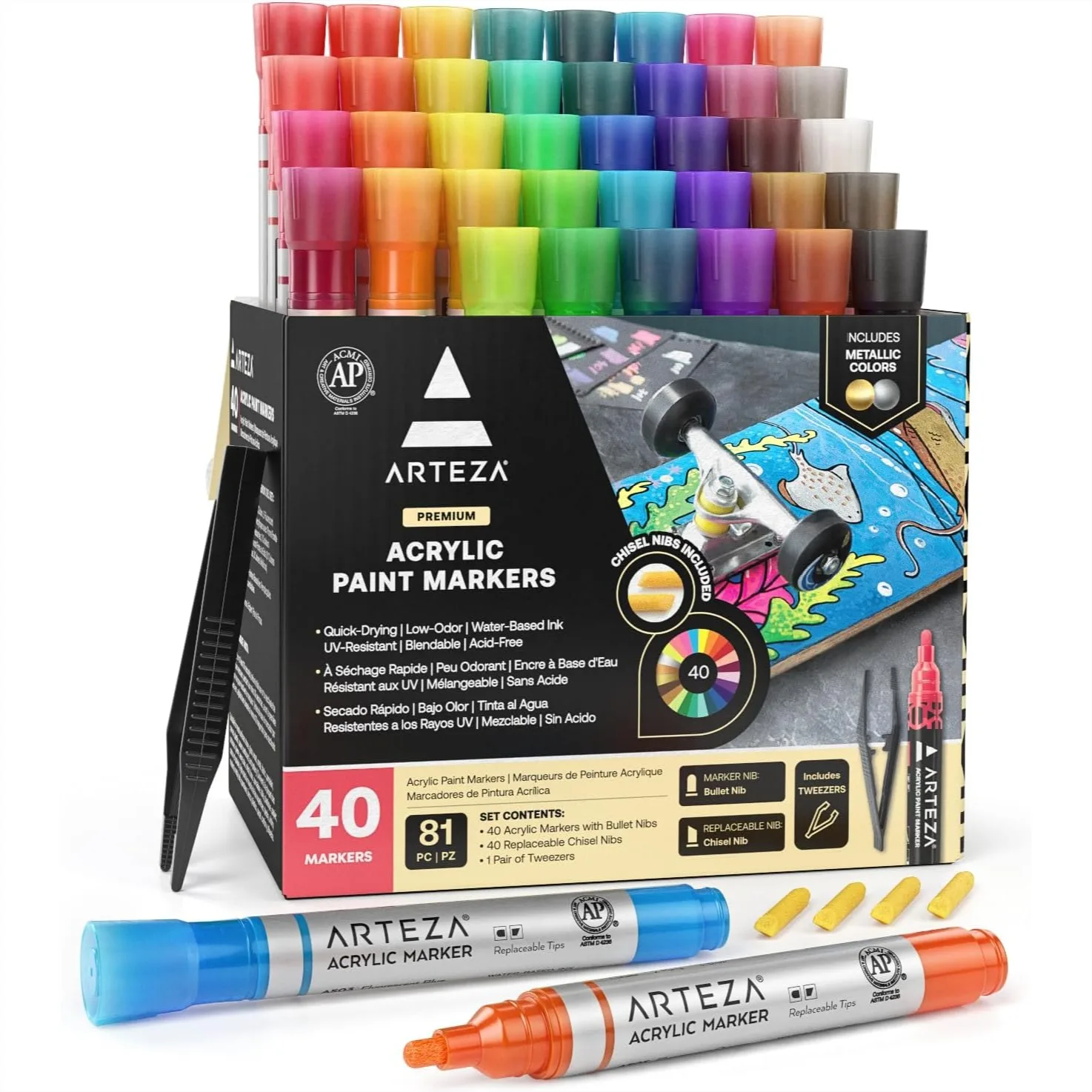 

Acrylic Paint Markers Set of 40 with Reversible Chisel Nibs for Glass, Pottery, Ceramic, Plastic, Rocks and Canvas