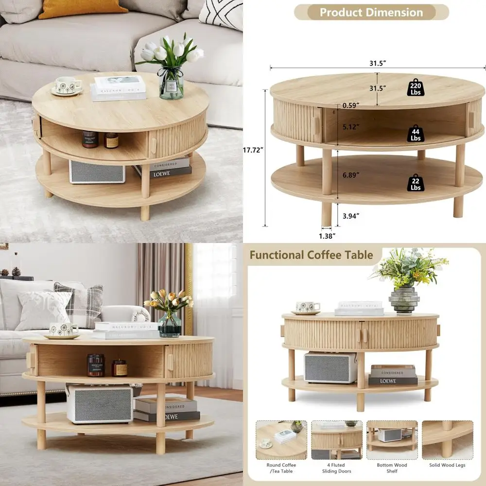 

Round Wooden Coffee Table with Storage and Sliding Cabinet Doors, Fluted Accent Dining Table Centerpiece