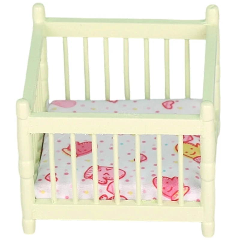 090B 1/12 Wooden Square Crib For Doll House Scene Decoration Natural Furniture