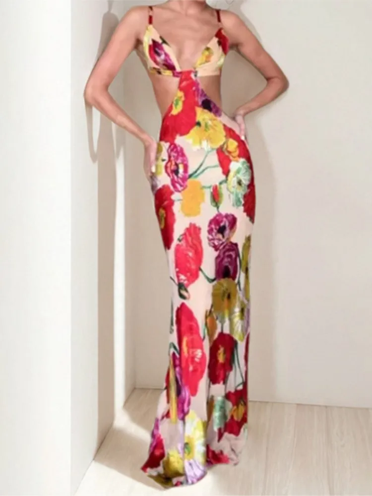 

Spring Fashion Printed Slim Dress Women's Temperament Elegant Style Sexy Wrap Hip Tie Suspender Backless Air Quality Long Skirt