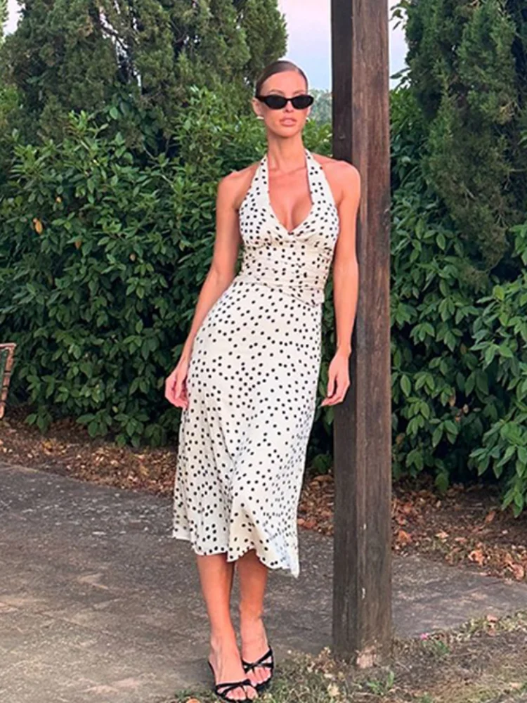 Elegante Polka Dot Print Backless Halter Lace Up Maxi Jurk Sexy V-hals Mouwloos Slanke Vestidos 2024 Dame Vakantie Feestjurken