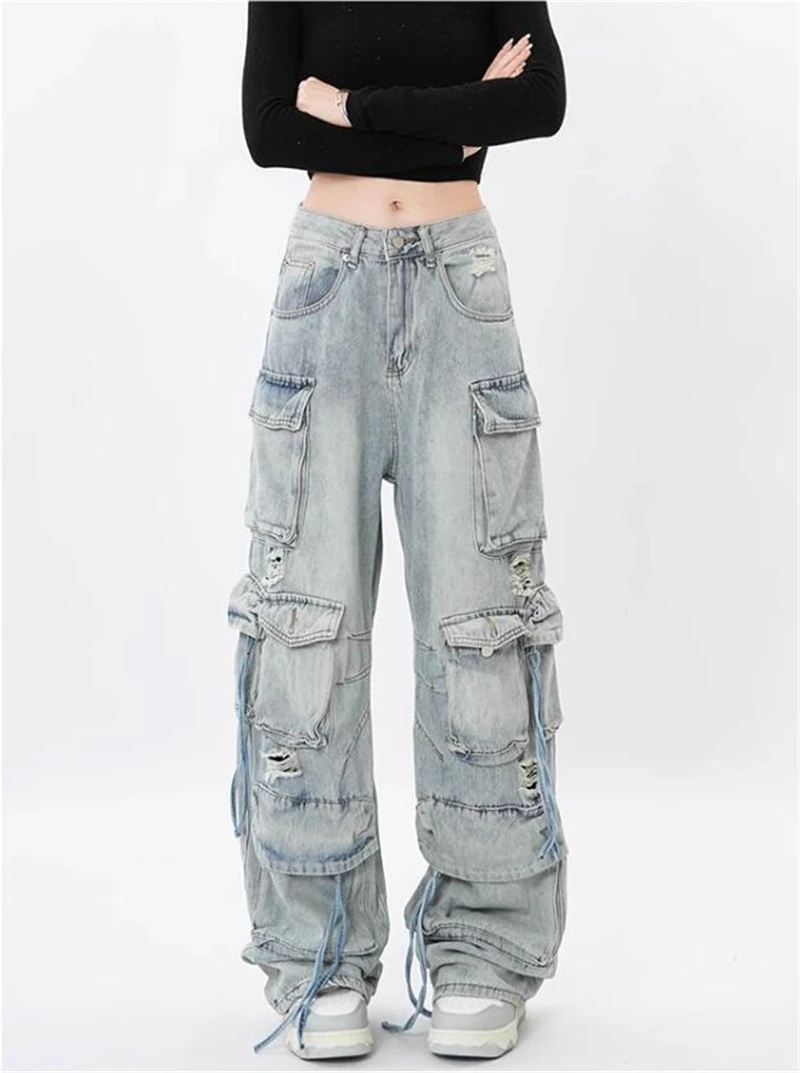 Women Light Blue Y2k Cargo Jeans Baggy Harajuku Aesthetic Denim Trousers Japanese 2000s Style Jean Pants Vintage Trashy Clothes