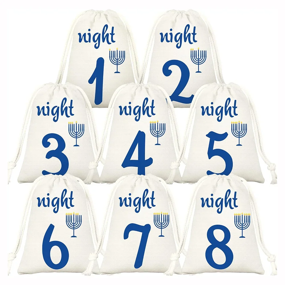 8 Nights of Hanukkah Drawstring Gift Bags Jewish Holidays of Treat Goodie Pouch Chanukiah Design Chanukah Decor Shabbat Shalom