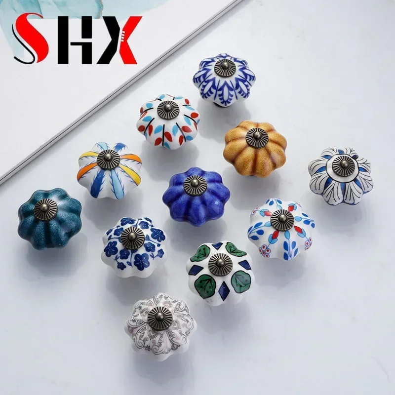 SHX Garden American Pumpkin Ceramic Handle Single-hole Hand-painted Ceramic Handle Cabinet Door Drawer Furniture Handle 40MM