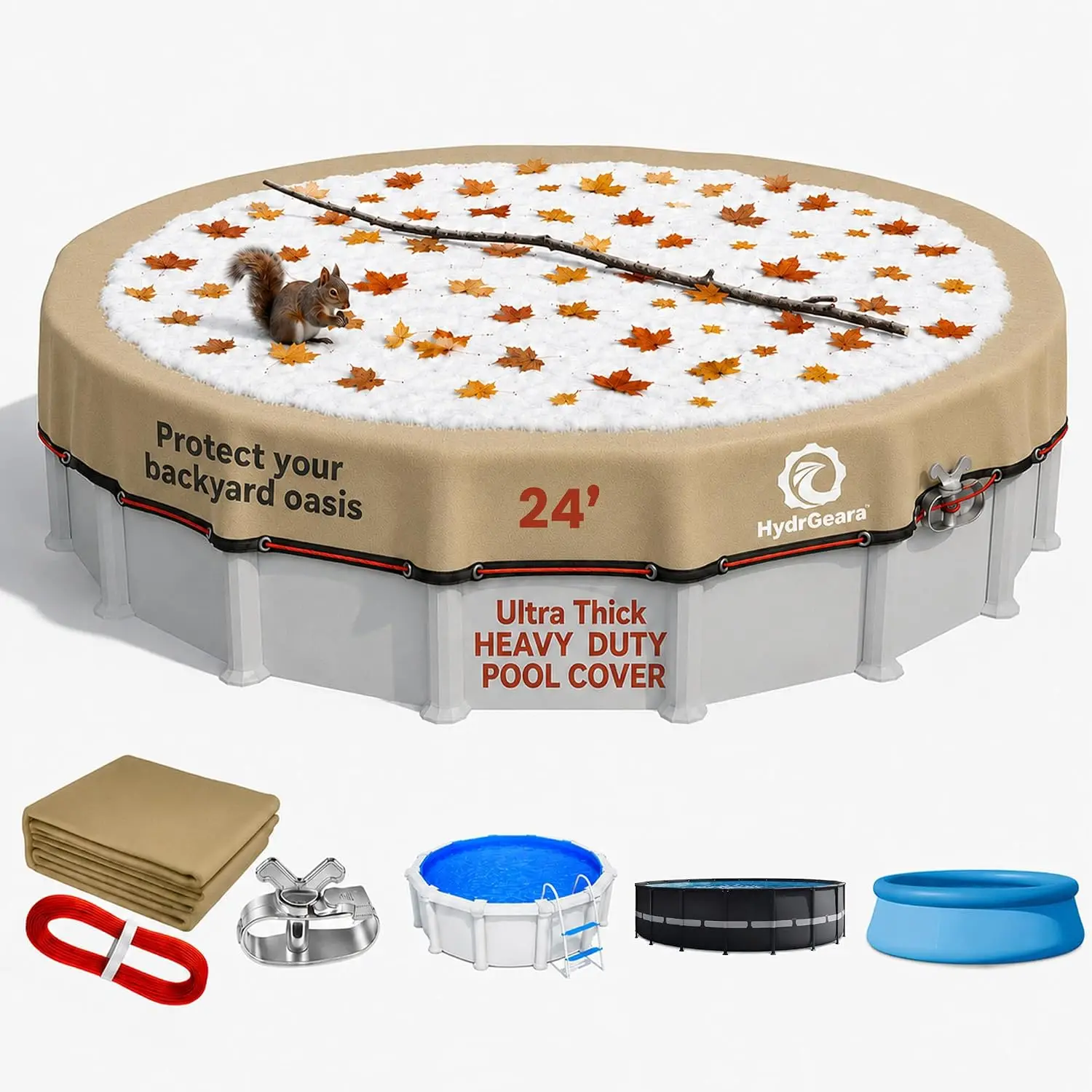 [Ultra Thick] 24FT Round Winter Pool Covers for Above Ground Pool Easy Install 195GSM 500D,UV & Tear Resistant, Upgraded