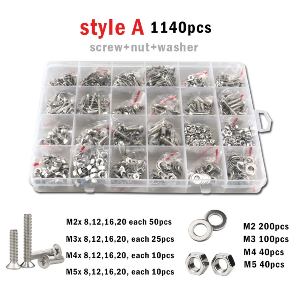 2100-250pcs M1.6 M2 M2.5 M3 M4 M5 Cross Phillips Flat Countersunk Head Screw 304 Stainless Steel Bolt and Nut Washer Set Kit Box