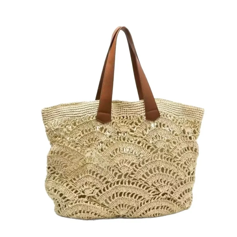 

Paper Rope Woven Beach Bag Leisure Style Knitting Wave Pattern Tote Bag Seaside Vacation Hollow Out Handbag Travel Straw Bag