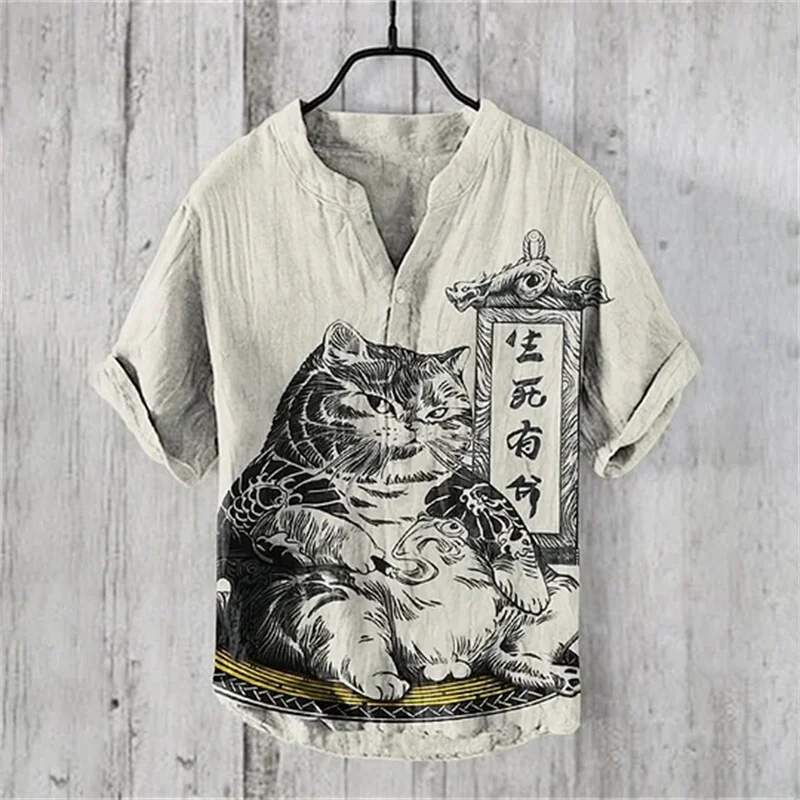 Fashionable men's small V-neck artistic frog shirt, men's casual artistic short sleeved shirt