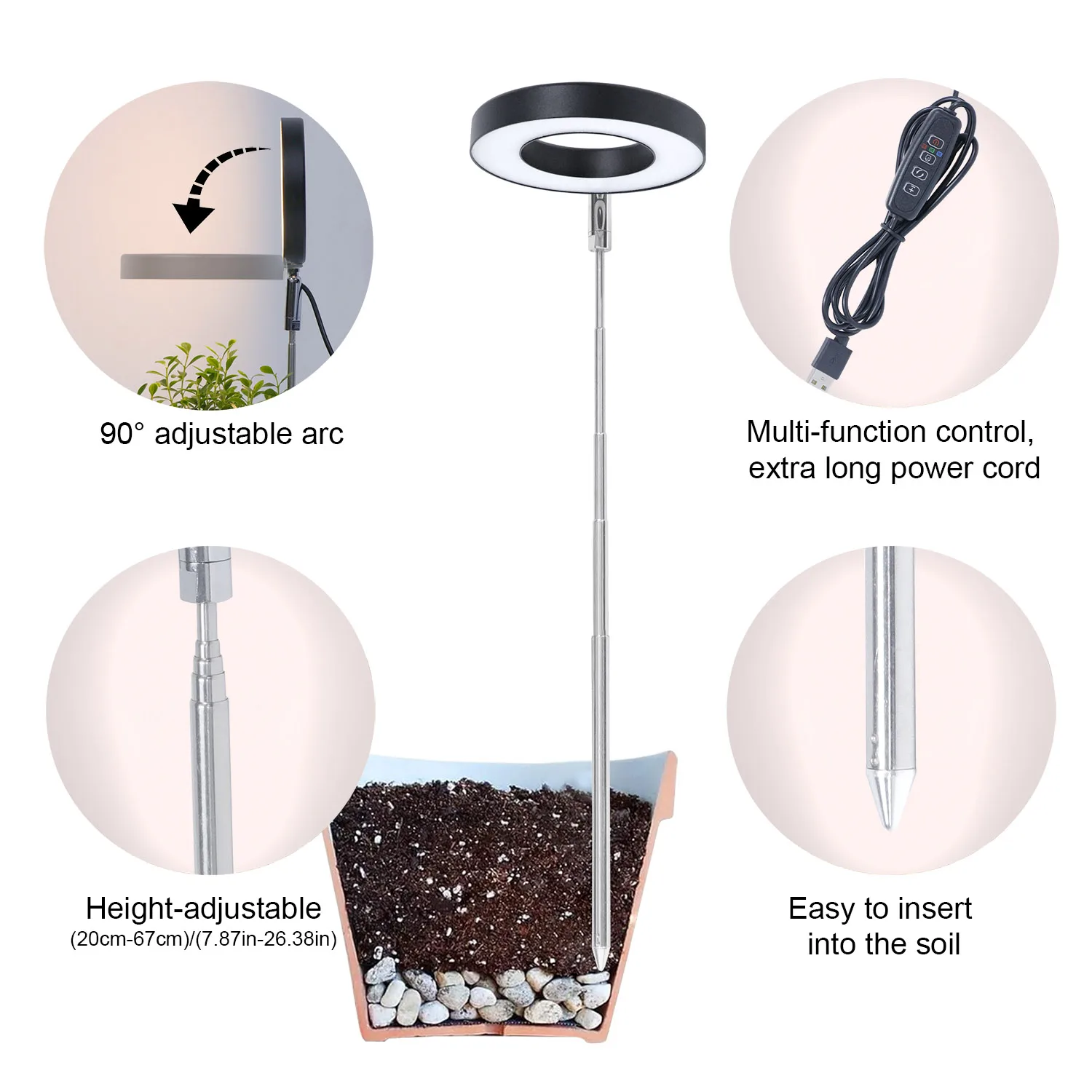 مصباح نمو نباتي كامل الطيف LED، ارتفاع قابل للتعديل 3H/9H/12H مصباح مكتبي يعمل بمنفذ USB، مناسب للأعشاب، إلخ