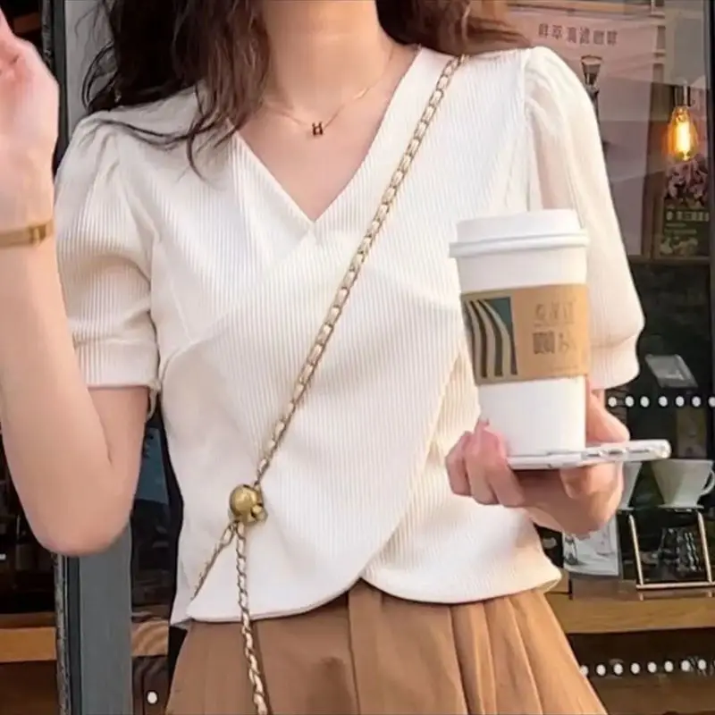 

l Pintuck Balloon Sleeve Tunic Short Sleeve Shirts Womens Wrinkle Resistant Modern Urban Artistic Student Youthful Convenient