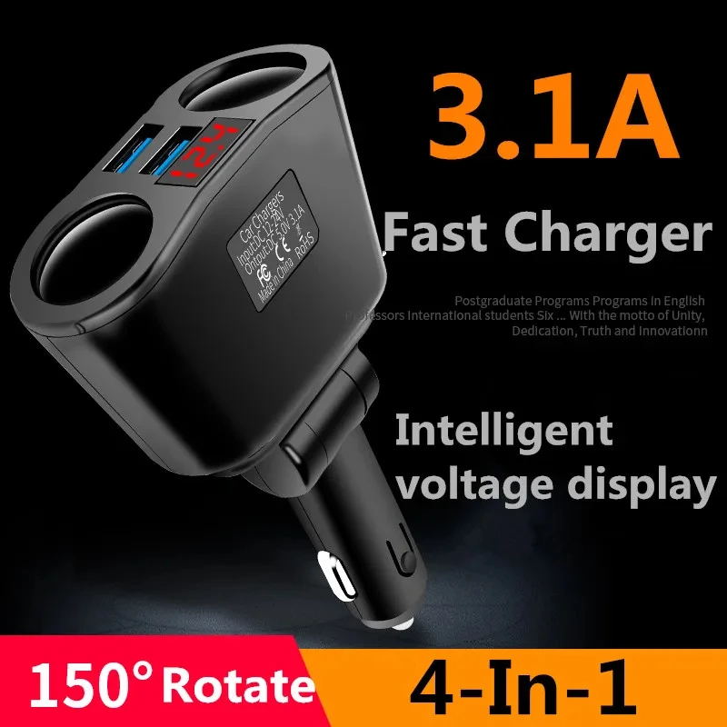 4 IN 1 Car Cigarette Lighter Socket Splitter Charger QC3.0 Fast Charger Dual USB A Digital Display Power Adapter For All Phone