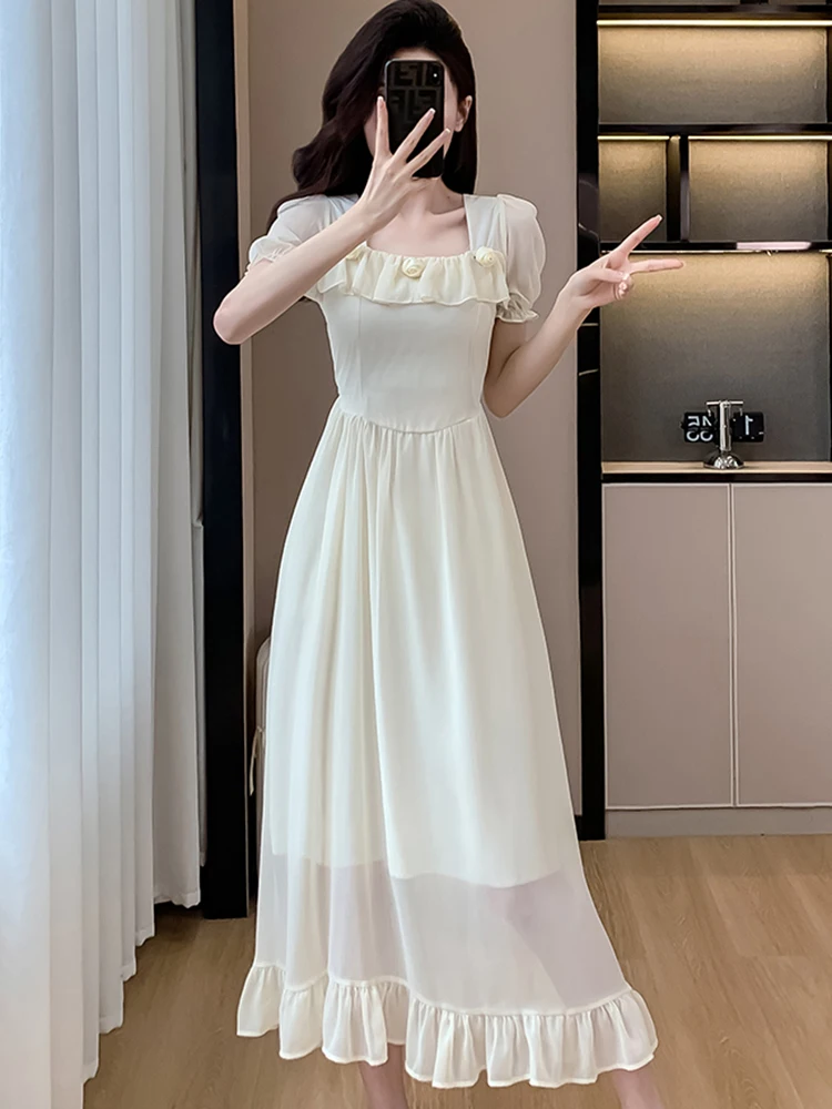 Mulheres coreano vintage luxo vestido de noite verão branco chiffon gola quadrada puff manga vestido 2025 babados bodycon vestidos
