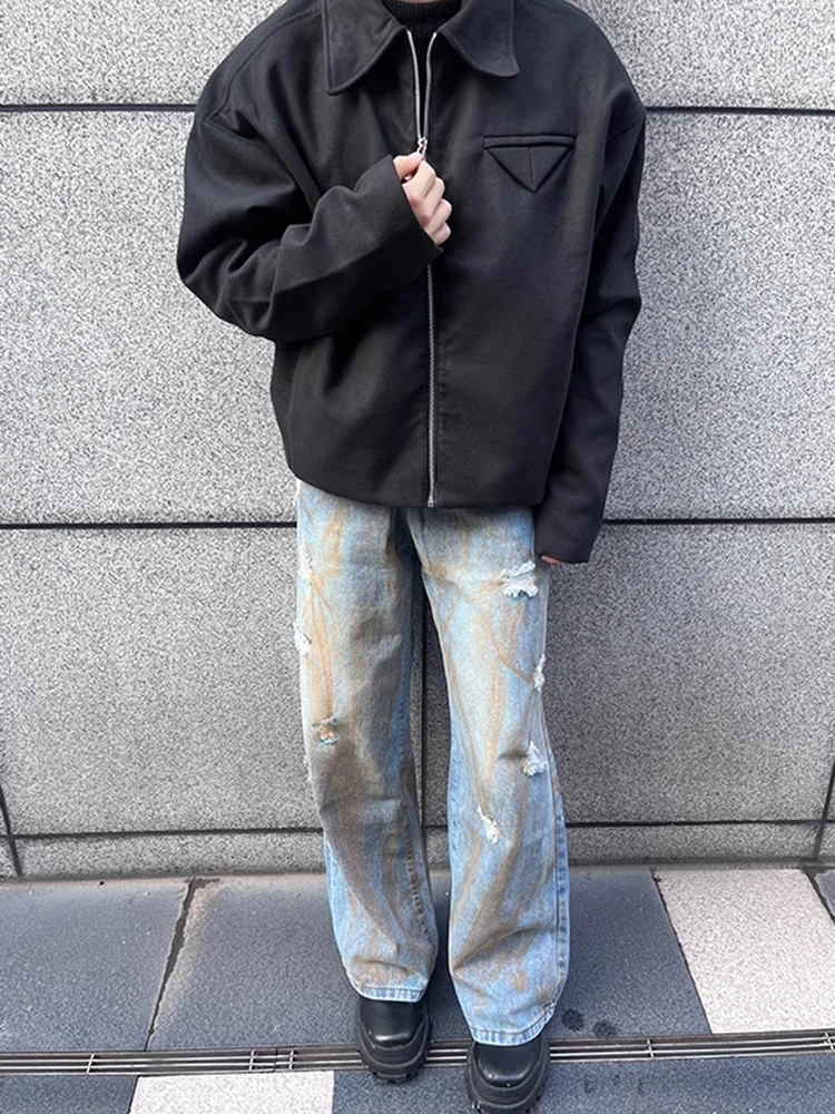 

Retro American Style Men's Jeans High Street Dirty Straight Leg Micro Flared Pants Worn out Style Low Waist Zipper Closure