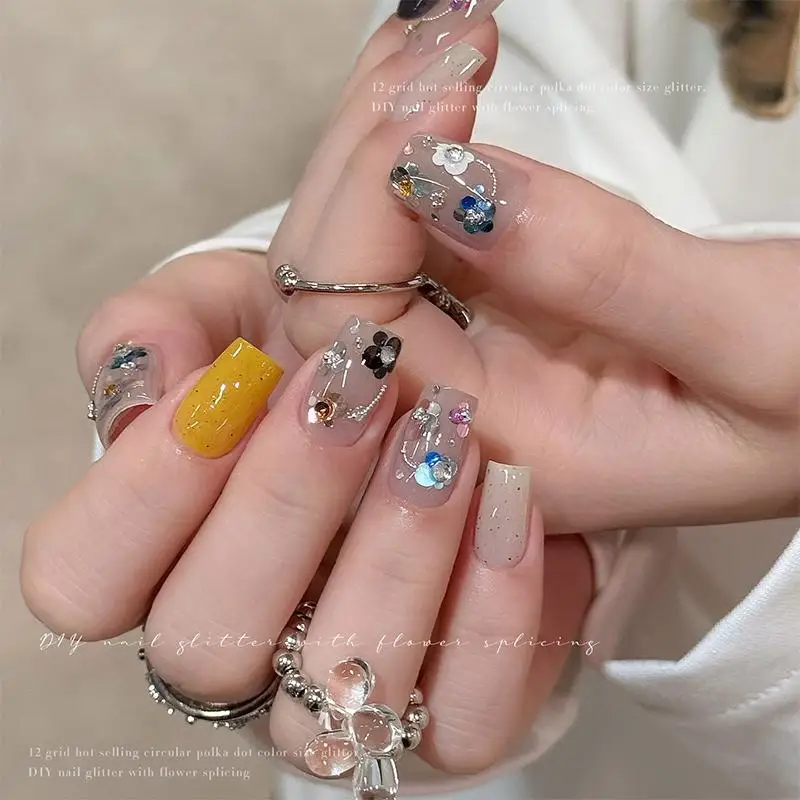 12 Grids Nail Art Sequins Mini Circular Spliced Flower Glitter for Professional Home DIY Acrylic Gel Nail Manicure