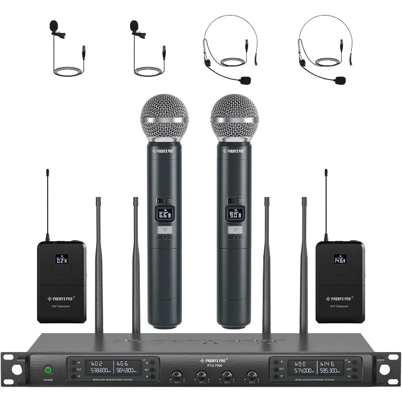 Quad Wireless Microphone System w/ 4x40 UHF Channels, Auto Scan, 2 Handheld Dynamic Mics, 2 Bodypacks & Headsets/Lape