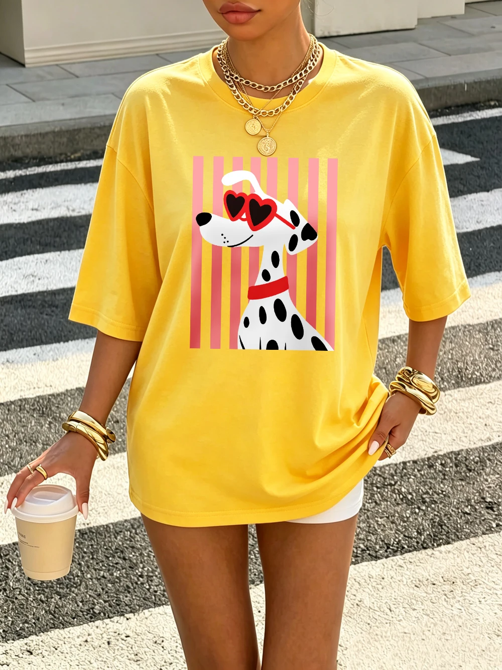 Herzförmige Sonnenbrillen Dalmatiner-Hundemotiv T-Shirts Damen Baumwolle Sommer Übergroße Oberteile O-Ausschnitt Kurzarm-T-Shirts Weiche Streetwear – Detail 20