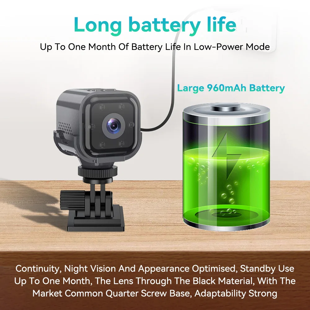 AS03 Mini-Kamera, extra großer Akku, 960 mAh, Smart-Home-Überwachungskamera, HD 1080P, kabellose Sicherheitsüberwachung