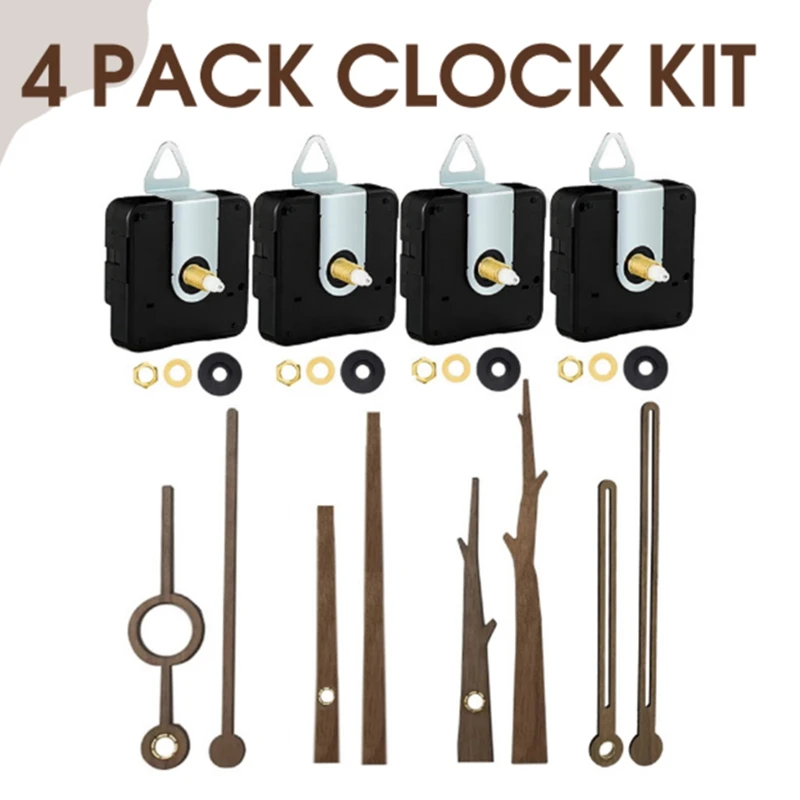 

4Pcs Clock Movement Mechanism With Hooks And 4 Walnut Different Hands Clock Repair Replacement Parts Accessories DIY Clock