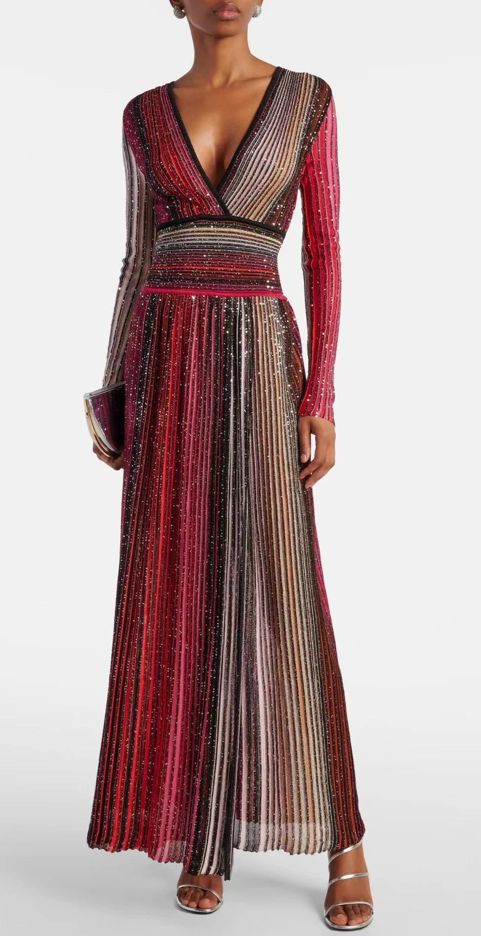 

Women Metallic Sequined Embellished Striped Waist Pleated V-Neck Long Knit Dress