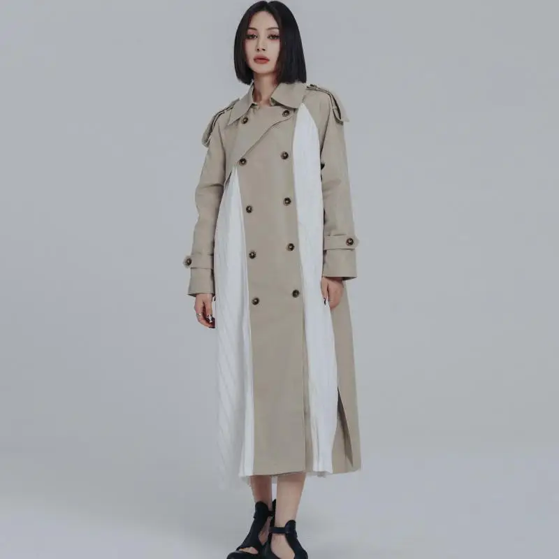 Tannt Women Trench Coat Color Matching Double Breasted Windbreaker Asymmetry Patchwork Long Trench Coats For Women 2023 New