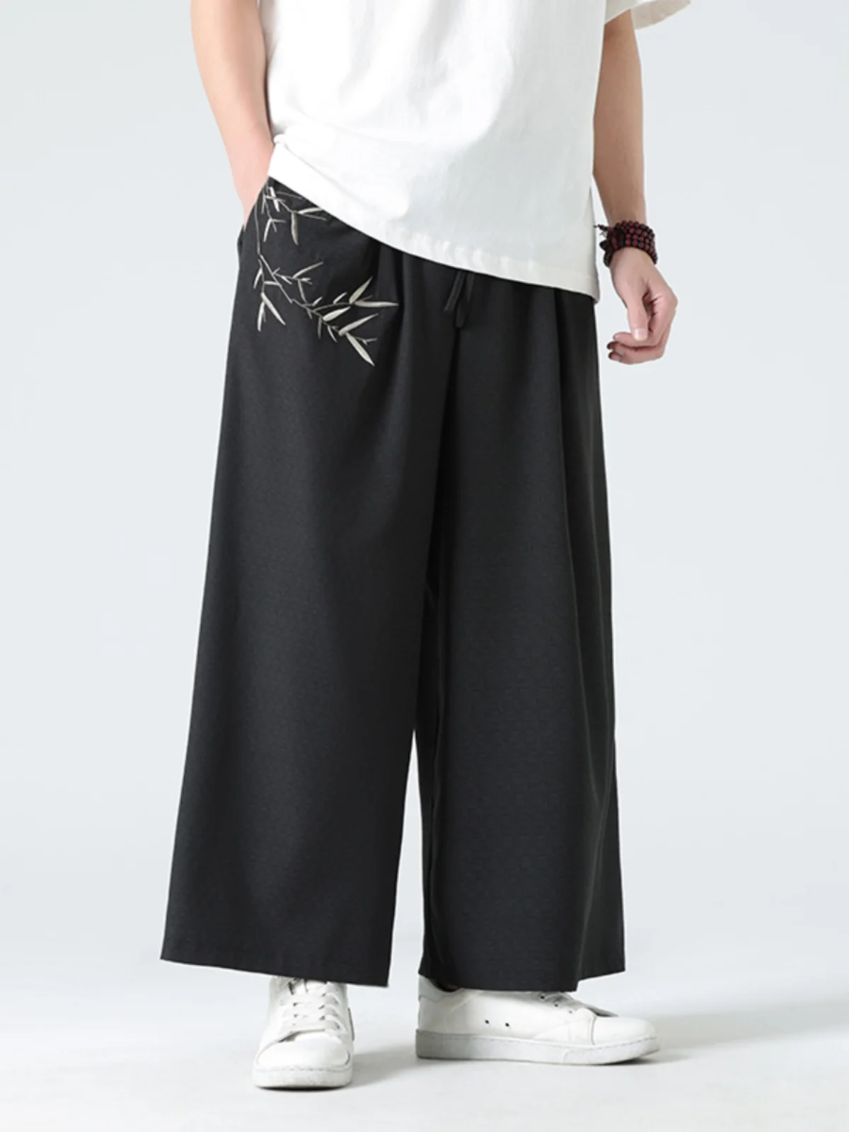 

New Chinese Sle Bamboo Embroidery Loose Straight Leg Pants Men Summer Thin Ice Silk Wide Leg Pants Large Size Comfortable
