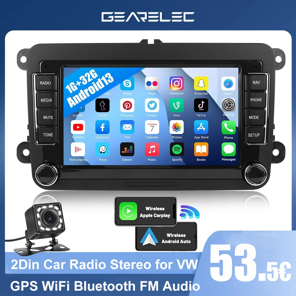 Android 13 Car Stereo for VW Seat Skoda Carplay Android Auto 2Din Car Radio 7\'\' Bluetooth Navigation WIFI FM Multimedia Receiver