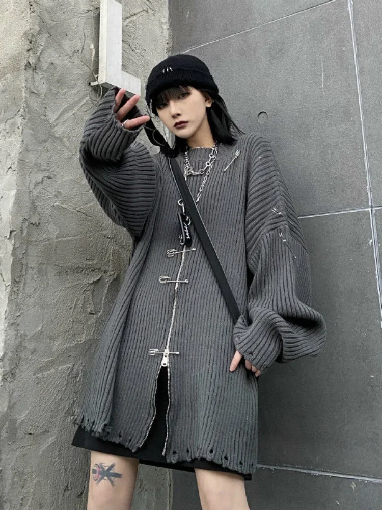 QWEEK-Camisolas de malha Harajuku gótica feminina com zíper, streetwear da moda coreana, top de malha punk gótica, outono, 2022