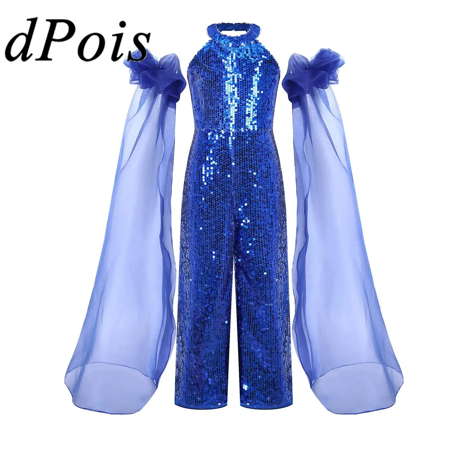 

Детский комбинезон, праздничное платье, детский костюм для современного танца для девочек, блестящий пышный комбинезон с лямкой на шее и блестками, с пышными тюлевыми нарукавниками