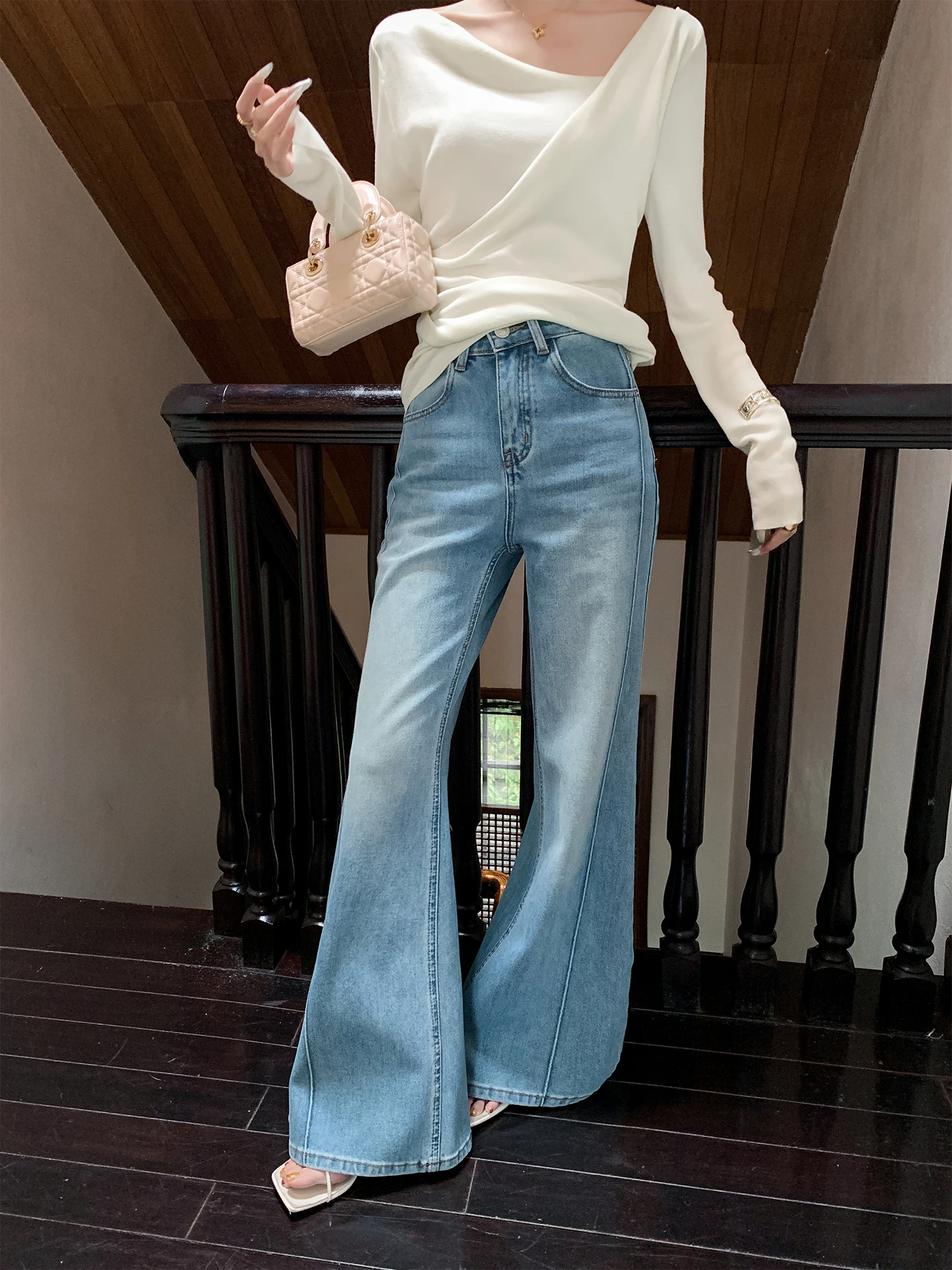 

Ретро-джинсы-клеш светло-голубого цвета для женщин, новые весенние прямые удлиненные джинсы из хлопка, стильные, для повседневной носки